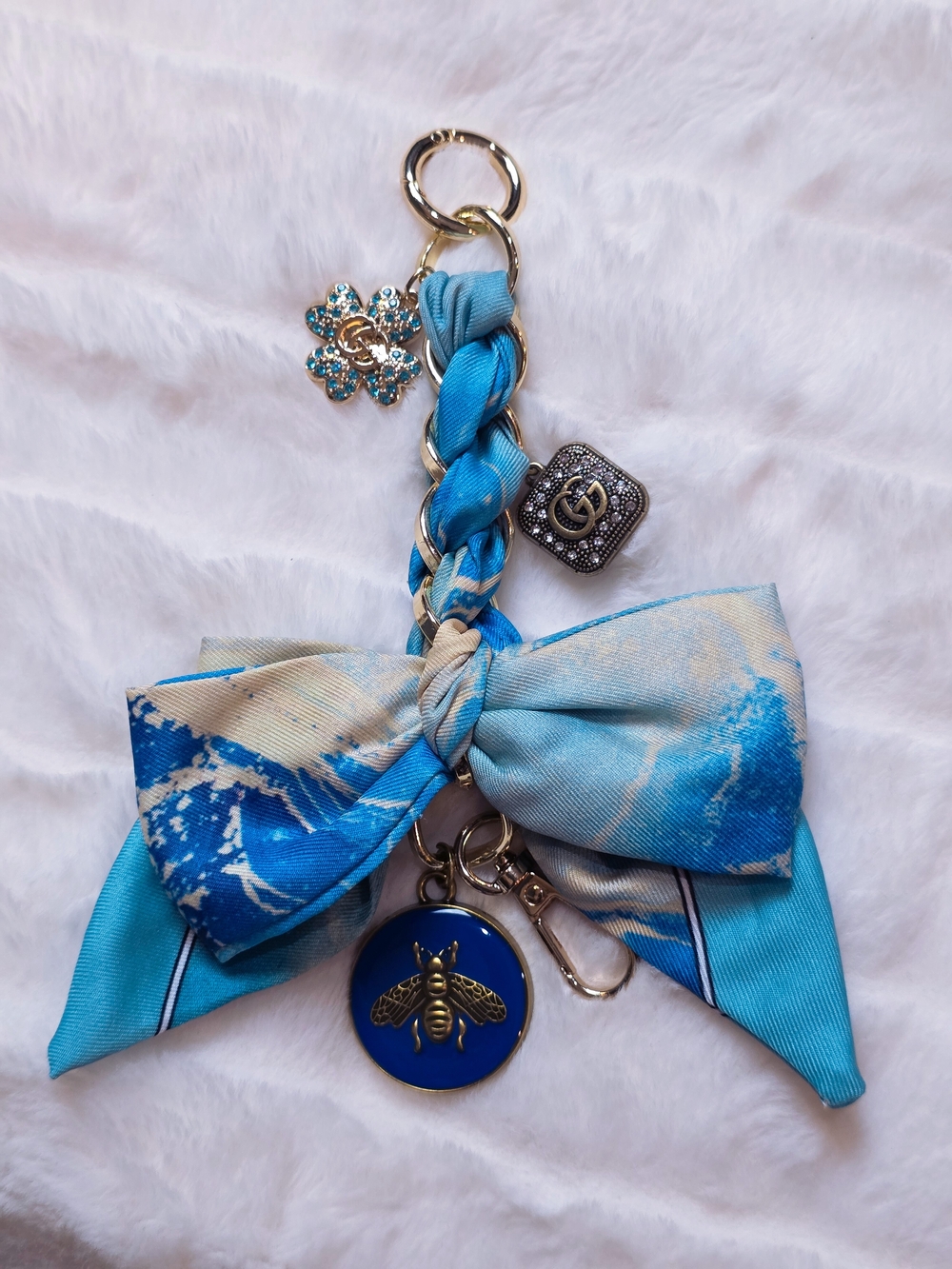 Upcycled Blue Silk Bow Keychain Charm with Bee Pendant